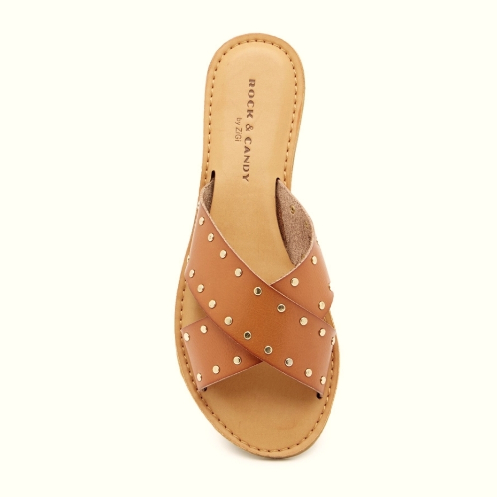 Rock & Candy by ZiGi Women's Cute Studded Sandals Flats Size, Brown, 8.5
